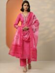Pink Printed Silk Blend Straight Suit With Bottom