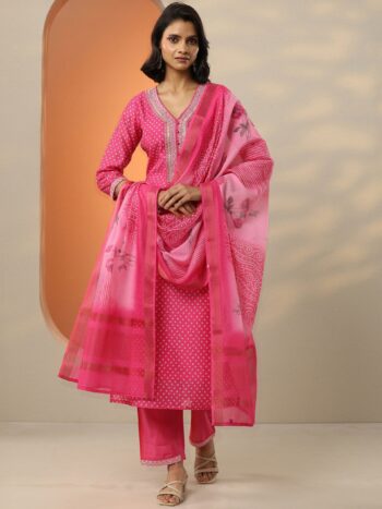 Pink Printed Silk Blend Straight Suit With Bottom