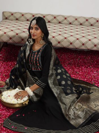 Black Yoke Design Rayon Anarkali Suit With Bottom