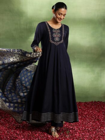 Blue Yoke Design Rayon Anarkali Suit With Bottom