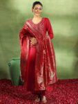 Red Yoke Design Rayon Anarkali Suit With Bottom