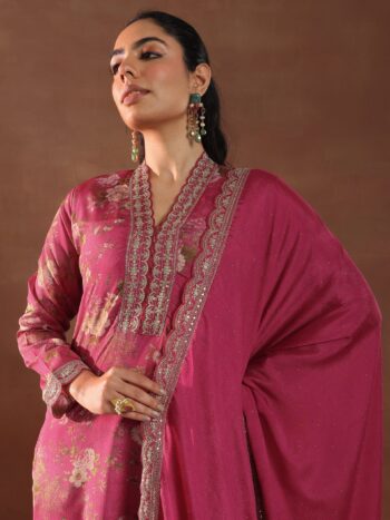 Pink Printed Silk Blend Straight Suit With Bottom