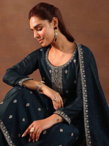 Teal Embroidered Silk Blend Straight Suite