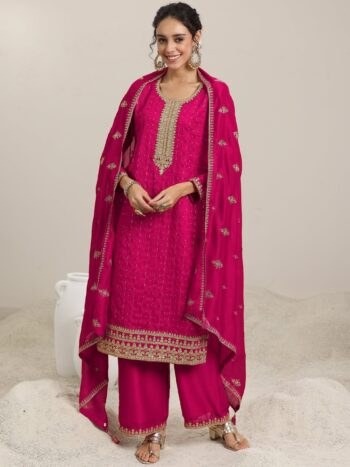 Pink Embellished Silk Blend Straight Kurta