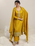 Mustard Embellished Silk Blend Straight