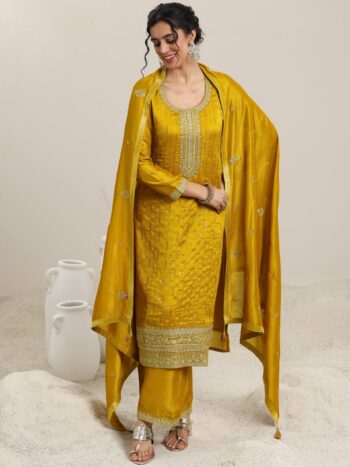 Mustard Embellished Silk Blend Straight