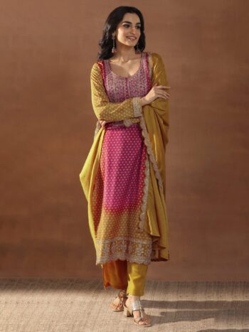 Mustard Printed Silk Blend Straight Suit