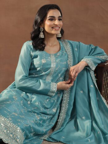 Blue Embroidered Silk Blend Straight Suite