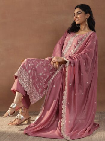 Pink Embroidered Silk Blend Straight Suite