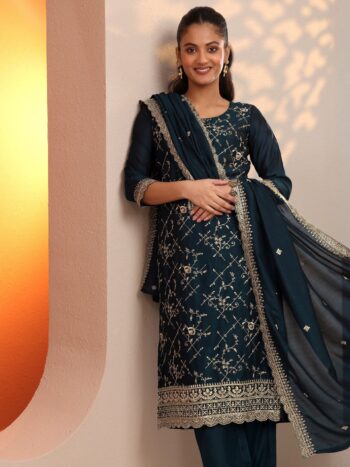 Teal Embroidered Silk Blend Straight Suite