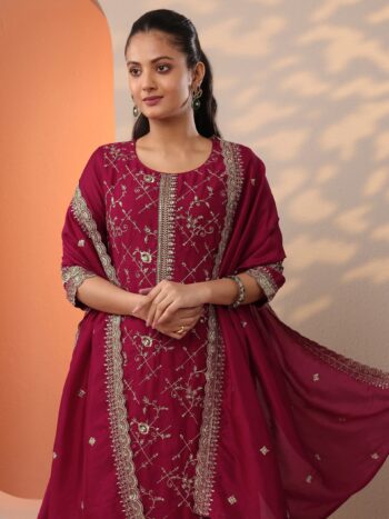 Red Embroidered Silk Blend Straight Suit