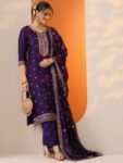 Purple Embroidered Silk Blend Straight