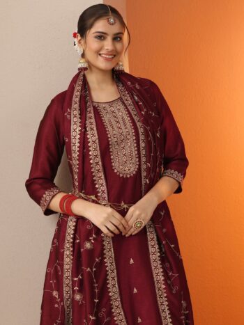 Maroon Embroidered Silk Blend Straight