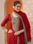 Red Printed Silk Blend Straight Suit Set