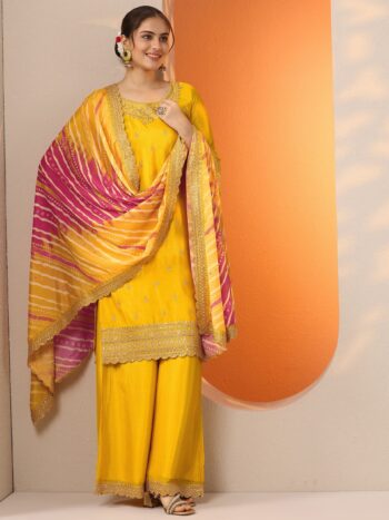 Yellow Embroidered Chinon Straight Suit With Dupatta
