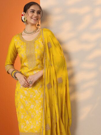 Yellow Woven Design Silk Blend Straight