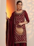 Maroon Embroidered Silk Blend Straight