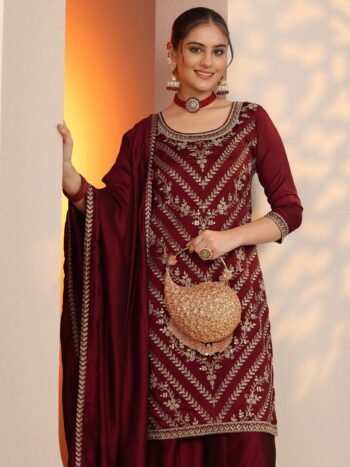Maroon Embroidered Silk Blend Straight