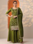 Olive Embroidered Silk Blend Straight Suite