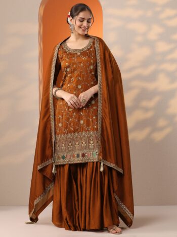 Rust Embroidered Silk Blend Straight Suite