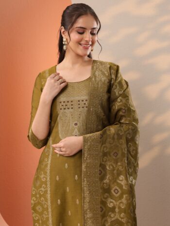 Mustard Woven Design Silk Blend Straight