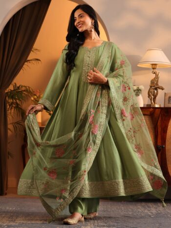 Libas Art Green Embroidered Silk Blend