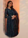 Navy Blue Embroidered Silk Blend Straight
