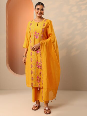 Mustard Embroidered Silk Blend Straight