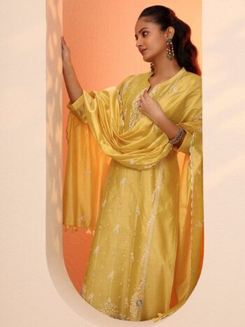 Yellow Embroidered Silk Blend Straight