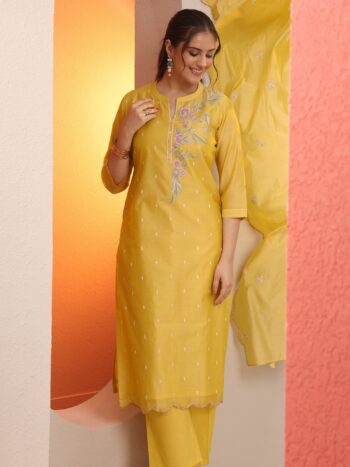 Yellow Embroidered Silk Blend Straight