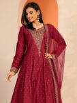 Red Woven Design Silk Blend A-Line Suit With Dupatta