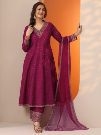 Magenta Woven Design Silk Blend Anarkali