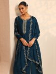 Teal Embroidered Silk Blend A-Line Suit With Dupatta