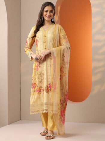 Libas Art Yellow Embroidered Muslin straight