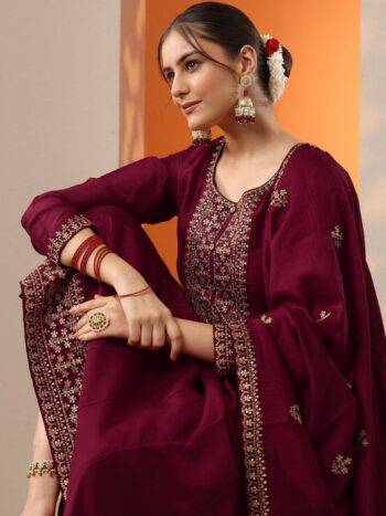 Maroon Embroidered Silk Blend Anarkali