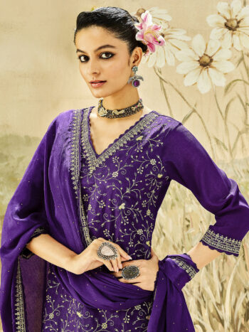 Kamini Purple Embroidered Chinon Straight