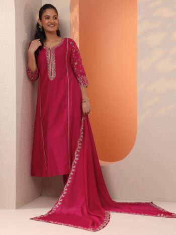 Pink Embroidered Silk Blend Straight Suite