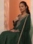 Green Embroidered Silk Blend Anarkali Suite