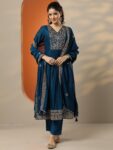 Navy Blue Embroidered Silk Blend A-Line