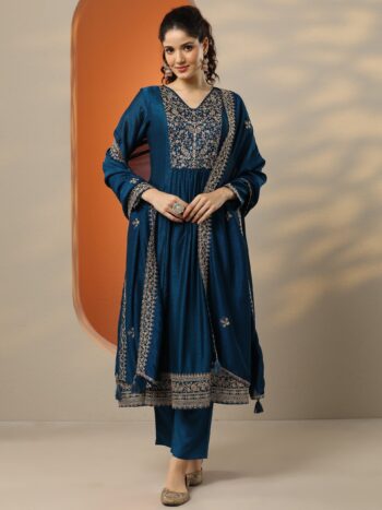 Navy Blue Embroidered Silk Blend A-Line