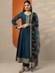 Libas Art Blue Embroidered Silk Blend A-Line