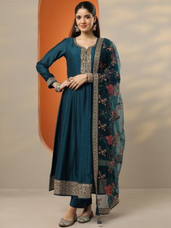 Libas Art Blue Embroidered Silk Blend A-Line