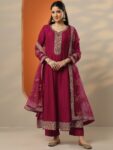 Libas Art Pink Embroidered Silk Blend A-Line