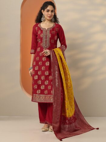 Libas Art Red Woven Design Silk Blend Suite