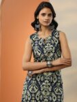 Navy Blue Printed Cotton Blend A-Line