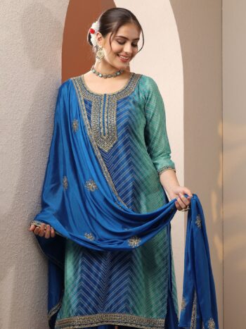 Blue Printed Chinon Straight Suit Set With Bottom