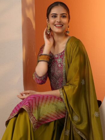 Pink Printed Chinon Straight Suit Set With Bottom