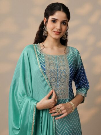 Blue Printed Chinon Straight Suit Set With Bottom