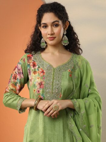 Libas Art Green Embroidered Crepe straight
