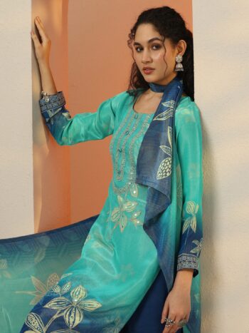 Libas Art Blue Embroidered Crepe Straight